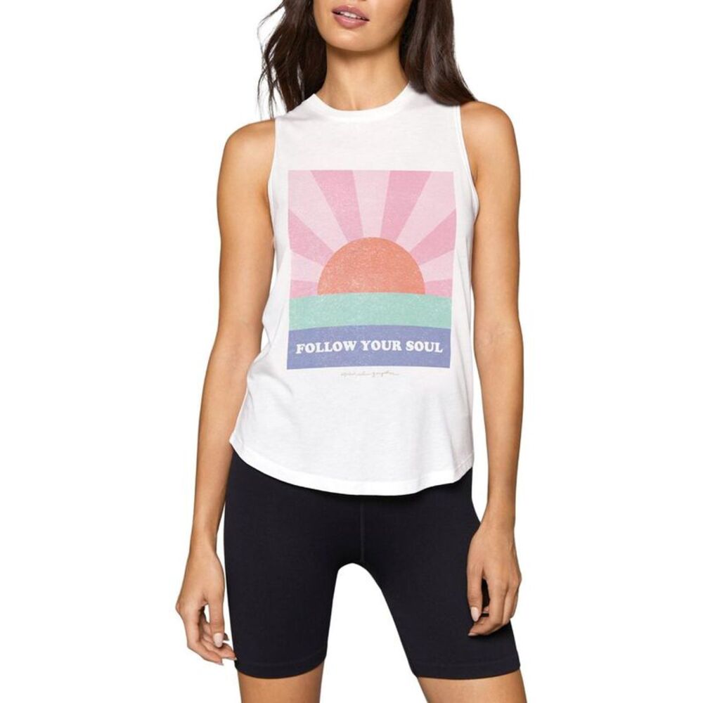 Spiritual Gangster White Graphic Tank with Pink & Orange Sunrise